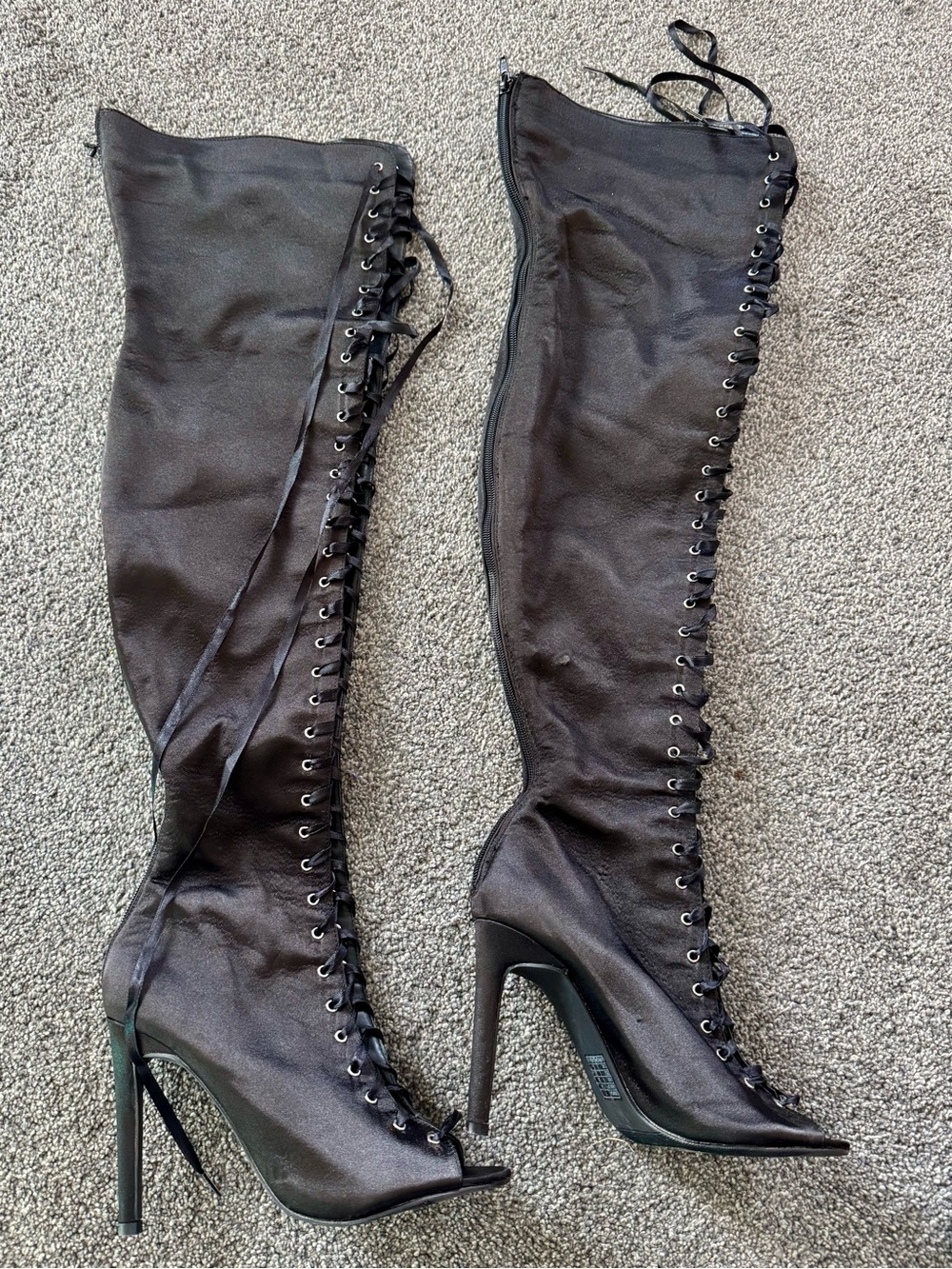 Black Lace-Up Over-the-Knee, Open-ToeStiletto Boots